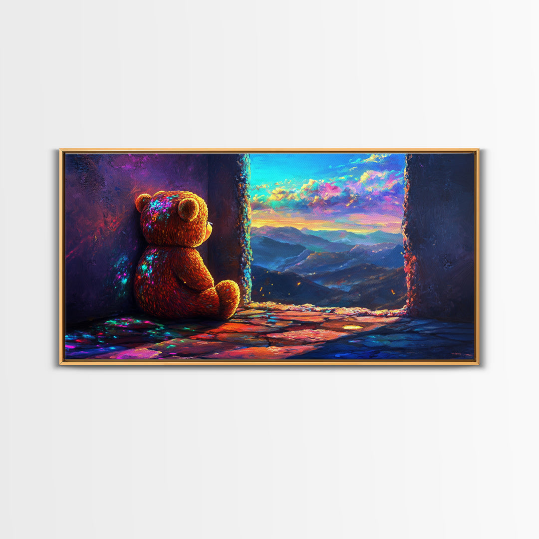 Teddy Bear Watching Mountain Sunset Wall Art, Whimsical Nursery Decor, Cozy Bedroom Canvas Print, Gift For Kids Room Wall Decor