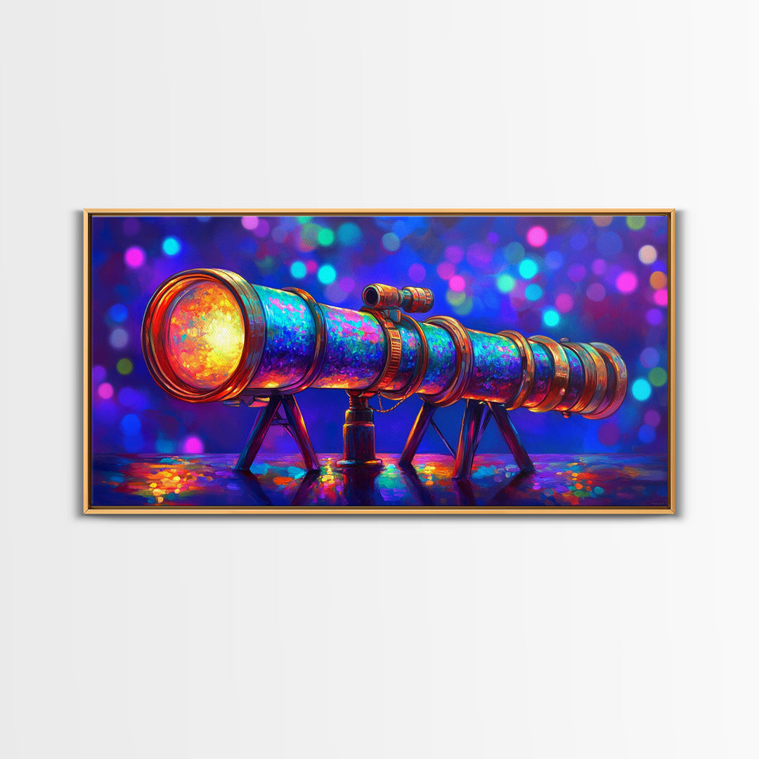 Rainbow Telescope With Cosmic Bokeh Wall Art, Astronomy Decor, Space Lover Canvas Print, Science Poster Gift For Him, Home Office Decor