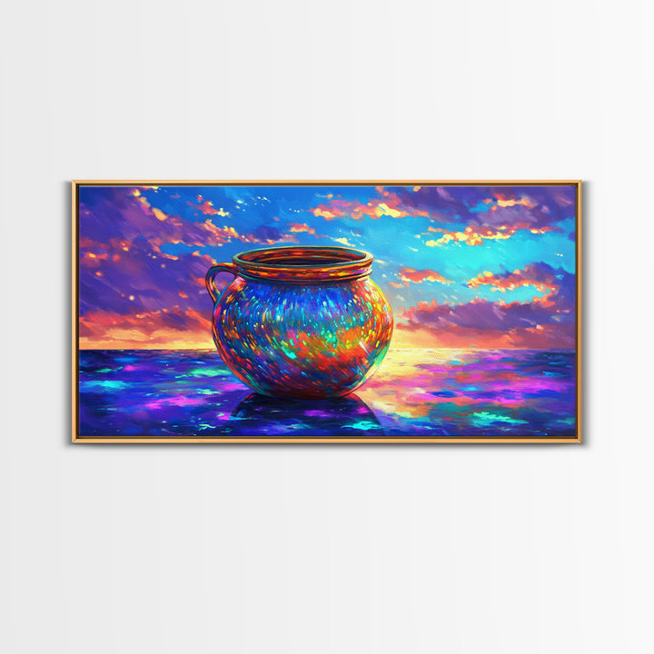 Iridescent Cauldron By Ocean Framed Canvas Print, Colorful Coastal Wall Art, Fantasy Seascape, Beach House Decor Gift Idea