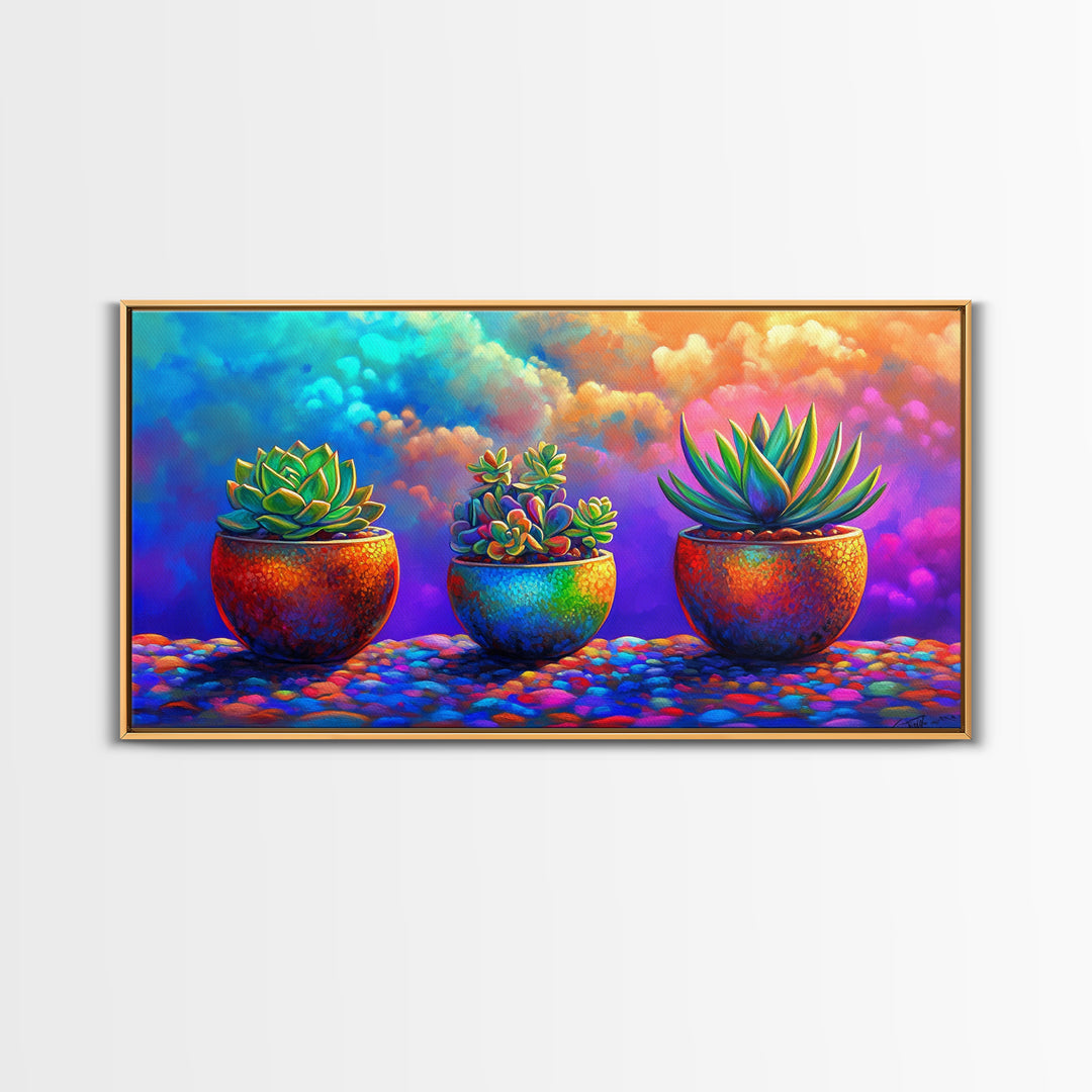 Three Rainbow Succulents Canvas Print, Colorful Botanical Wall Art, Boho Plant Decor, Living Room Art, Housewarming Gift