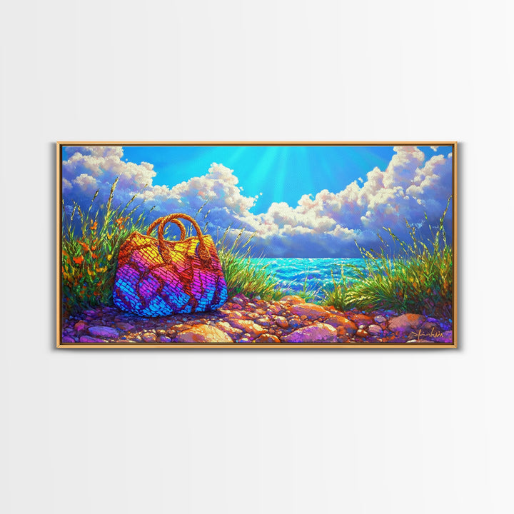 Rainbow Woven Beach Bag Wall Art, Coastal Canvas Print, Beach House Decor, Summer Ocean Art, Tropical Home Decor Gift Idea