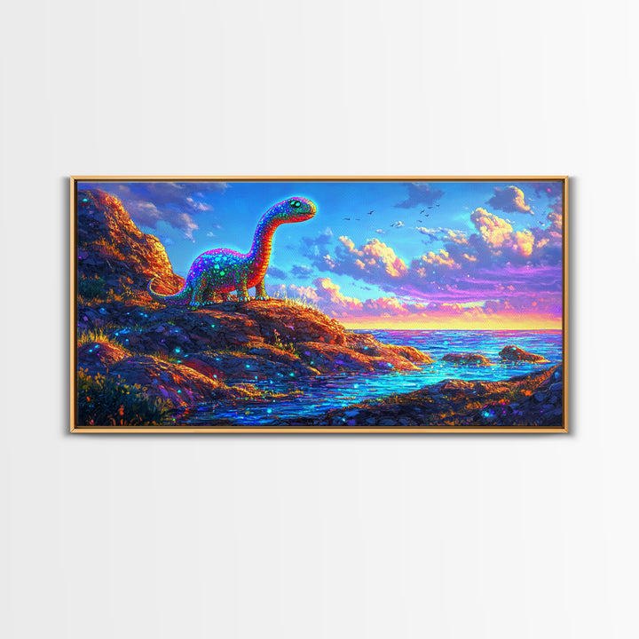 Sparkling Rainbow Dinosaur By Ocean Sunset Wall Art, Colorful Kids Room Decor, Whimsical Nursery Art, Coastal Fantasy Gift