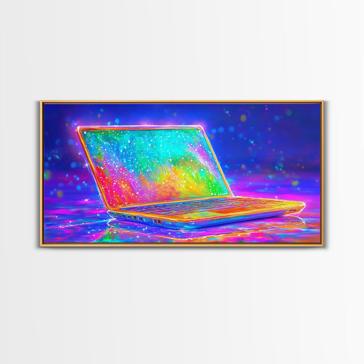 Neon Rainbow Laptop Canvas Print, Cyberpunk Office Wall Art, Tech Art, Gamer Room Decor, Futuristic Home Office Decor, Gift