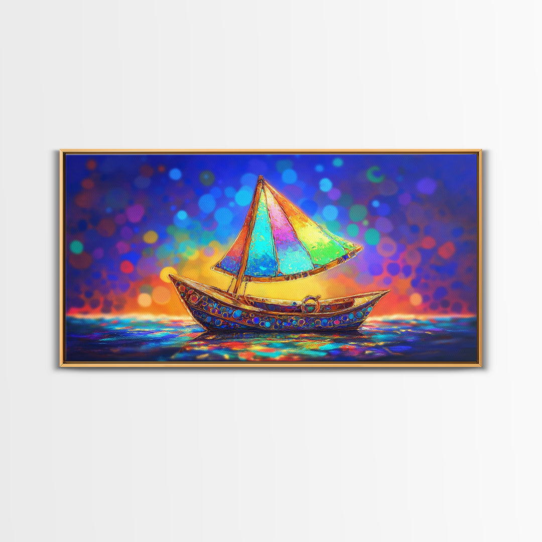 Glowing Rainbow Sailboat Canvas Print, Nautical Wall Art, Coastal Wall Decor, Ocean Nursery Decor, Beach House Decor, Seaside Art
