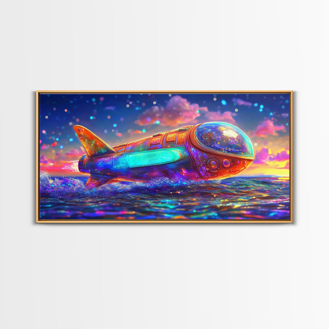 Rainbow Rocket Submarine Canvas Print, Futuristic Ocean Wall Art, Sci Fi Wall Decor, Space Lover Gift, Coastal Nursery Art