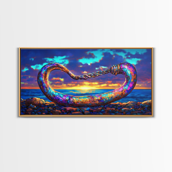 Iridescent Coastal Hook Framed Canvas Print, Nautical Wall Art, Ocean Wall Decor, Beach House Decor, Fisherman Gift, Seascape Art