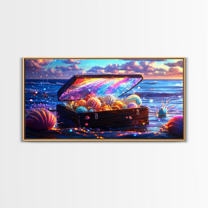 Glowing Sea Treasure Chest With Seashells Canvas Print, Coastal Wall Art, Beach House Decor, Ocean Art, Fantasy Gift, Home Decor