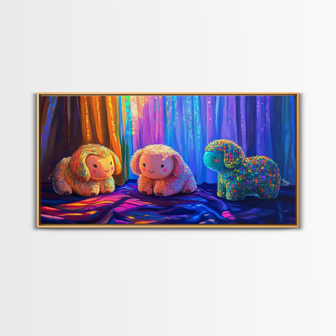 Smiling Plush Animals In Rainbow Curtain Glow Wall Art, Whimsical Animal Art, Nursery Decor, Kids Room Decor, Baby Gift, Cute Art