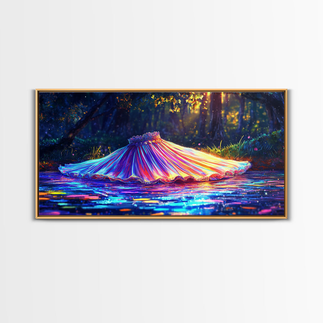 Iridescent Pleated Dress Floating In Forest Stream Wall Art, Fantasy Art, Whimsical Decor, Nature Wall Art, Statement Art