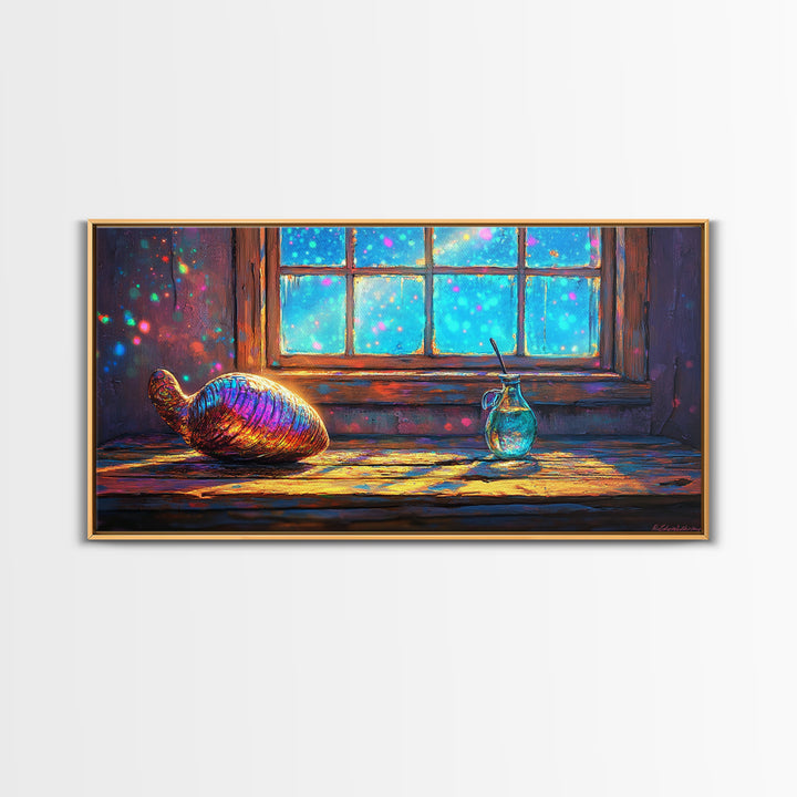 Rainbow Seashell And Glass By Window Canvas Print, Nautical Wall Art, Coastal Home Decor, Bathroom Wall Decor, Beach House Gift