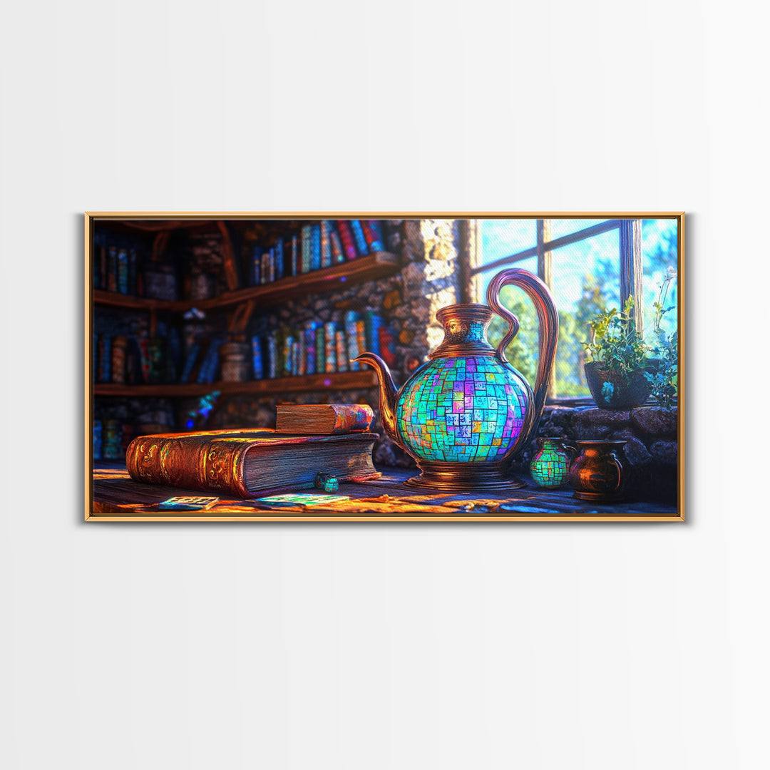 Mosaic Teapot And Antique Books Canvas Print, Library Wall Art, Dark Academia Decor, Book Lover Gift, Cozy Home Decor, Office Decor