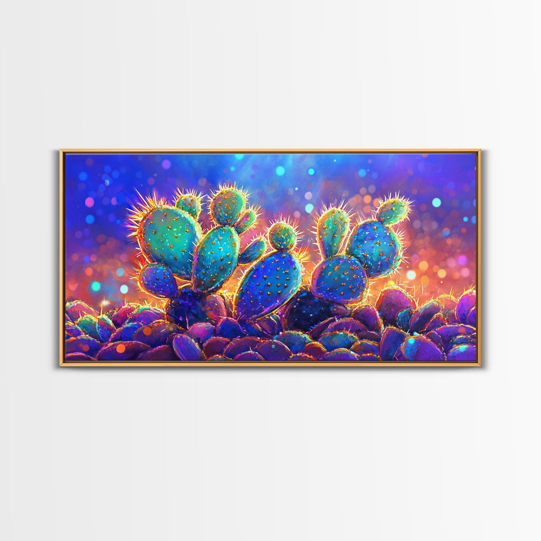 Glowing Prickly Pear Cactus At Twilight Wall Art, Vibrant Desert Canvas, Colorful Southwestern Decor, Boho Living Room Print
