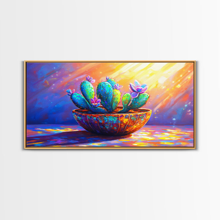 Sunlit Blooming Cactus In Rustic Bowl Canvas Print, Colorful Desert Botanical Art, Southwestern Kitchen And Living Room Decor