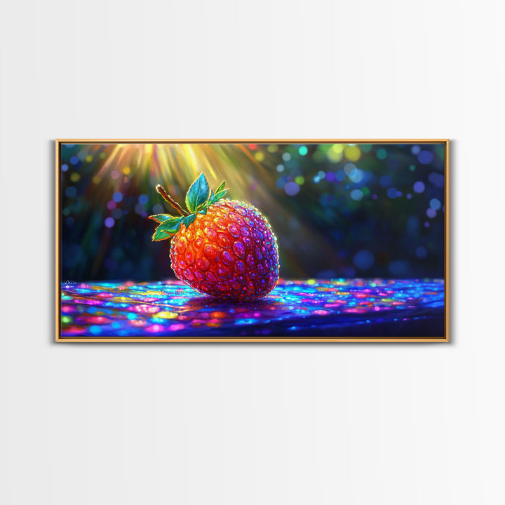 Glowing Strawberry Under Sunbeams Canvas Print, Colorful Fruit Wall Art, Whimsical Kitchen Decor And Food Lover Gift Idea