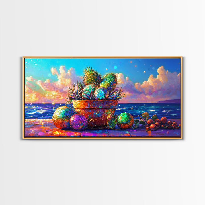 Prickly Pear Cactus Basket Wall Art, Coastal Tropical Still Life, Beach House Decor, Colorful Fruit Print, Summer Canvas