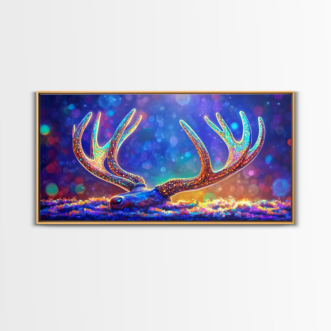 Glowing Deer Antlers Wall Art, Surreal Wildlife Print, Colorful Nature Decor, Rustic Cabin Gift, Whimsical Animal Canvas