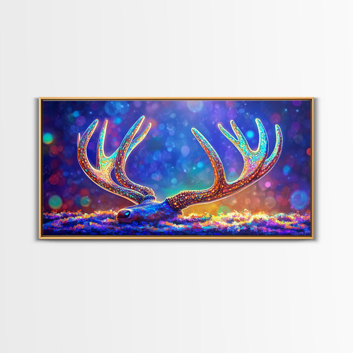 Glowing Deer Antlers Wall Art, Surreal Wildlife Print, Colorful Nature Decor, Rustic Cabin Gift, Whimsical Animal Canvas