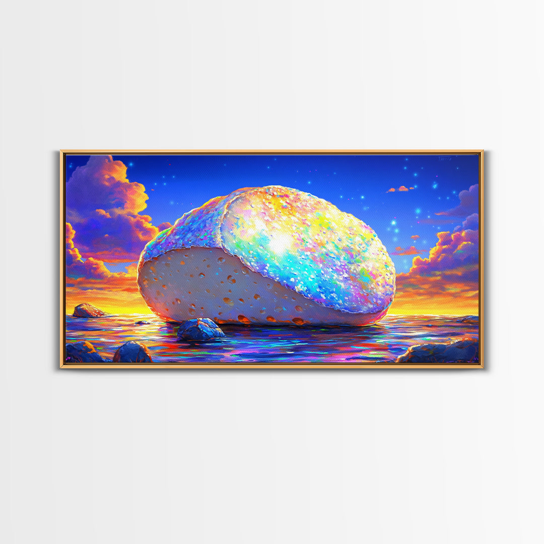 Glowing Rainbow Sea Stone At Sunset Wall Art, Colorful Coastal Canvas, Surreal Beach Decor, Ocean Landscape Living Room Print
