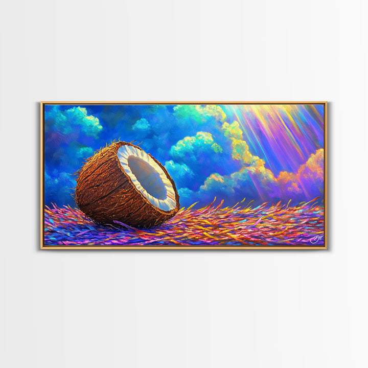 Sunlit Coconut On Tropical Straw Canvas Print, Beach House Wall Art, Coastal Decor, Vibrant Ocean Wall Decor Gift For Summer Home Decor