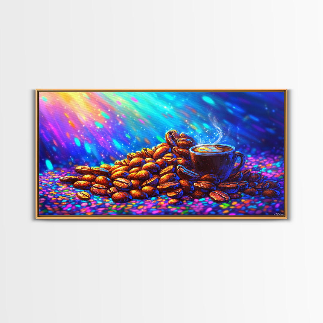 Steaming Coffee Cup With Roasted Beans Canvas Print, Coffee Bar Wall Art, Kitchen Decor, Cafe Poster Gift For Coffee Lover