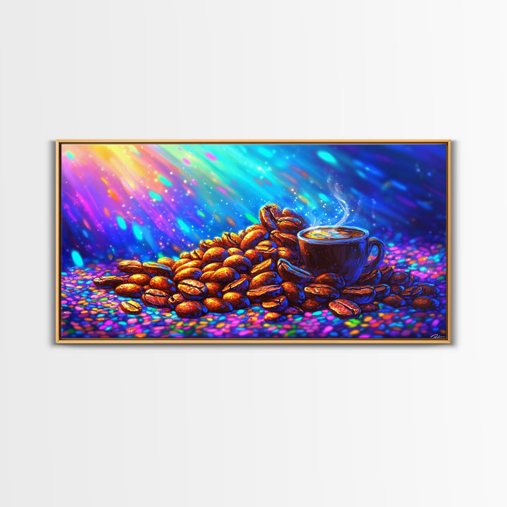 Steaming Coffee Cup With Roasted Beans Canvas Print, Coffee Bar Wall Art, Kitchen Decor, Cafe Poster Gift For Coffee Lover