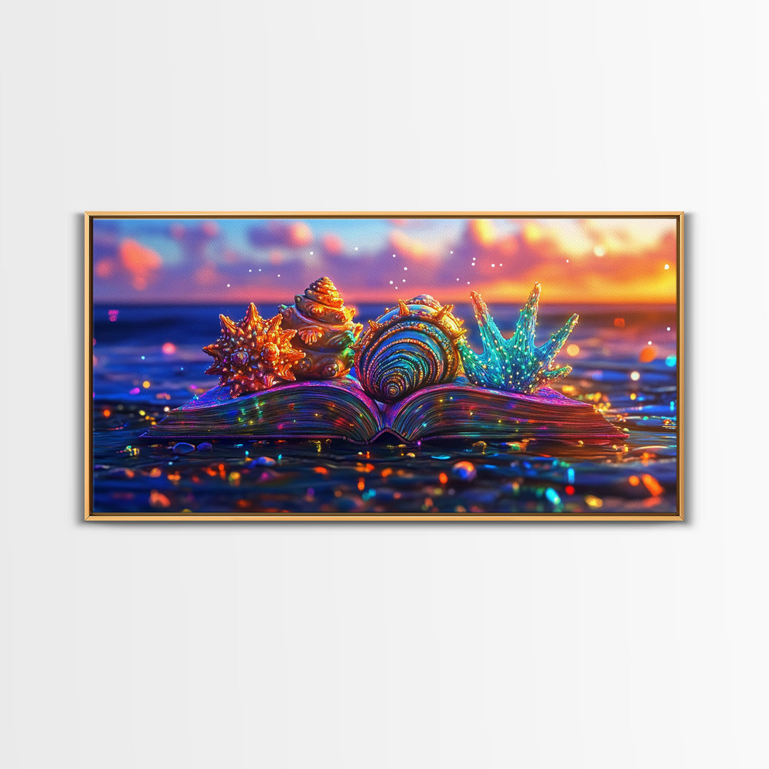 Glowing Seashells On Open Book Framed Canvas Print, Coastal Wall Art, Beach House Decor, Ocean Lover Gift For Her, Nautical Home Decor