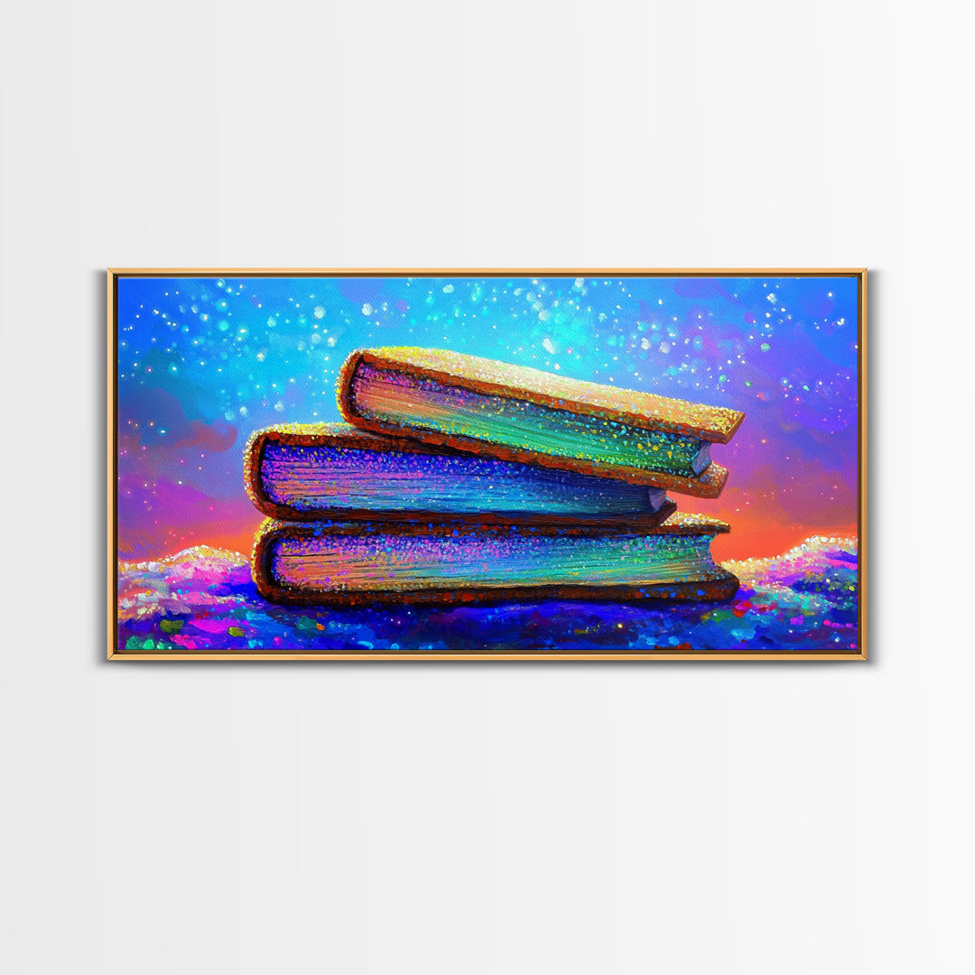 Stacked Rainbow Books Under Starry Sky Canvas Print, Book Lover Wall Art, Library Decor, Cozy Reading Nook Gift For Home Office Decor