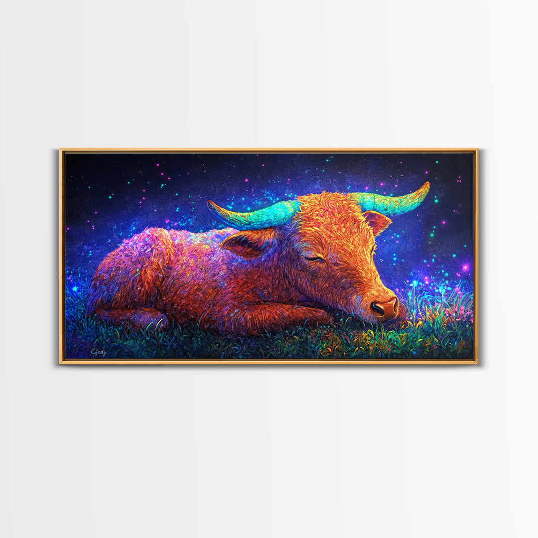 Sleeping Longhorn Cow Under Starry Sky Wall Art, Western Animal Canvas Print, Rustic Farmhouse Decor, Gift For Him, Home Decor