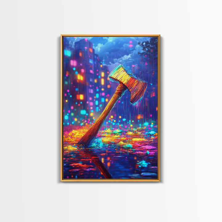 Neon Axe In Rainy City Framed Canvas Print, Cyberpunk Wall Art, Dystopian Decor, Gamer Room Art, Unique Gift For Him, Home Decor