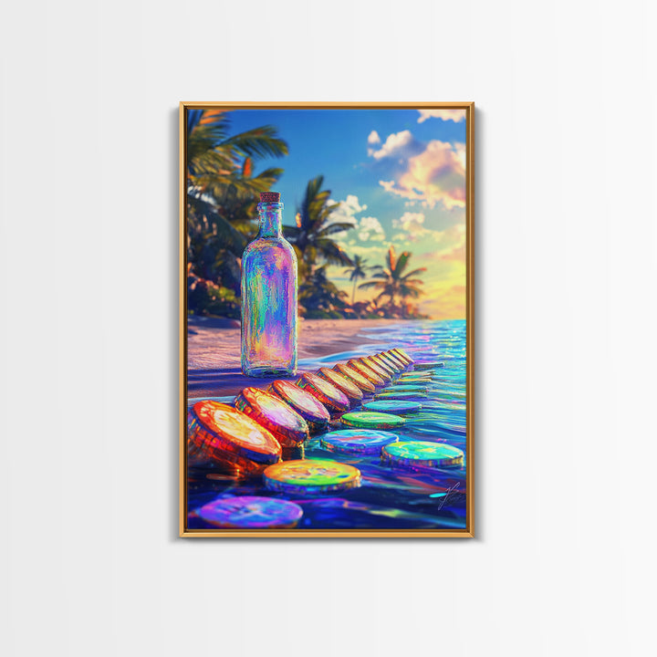 Rainbow Glass Bottle On Tropical Beach Canvas Print, Coastal Wall Art, Beach House Decor, Ocean Art Print, Summer Home Decor