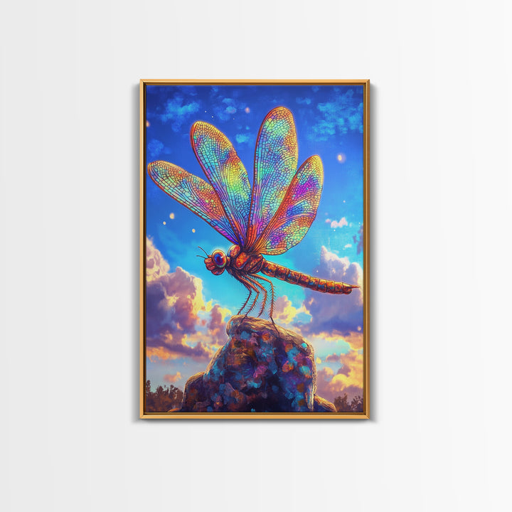 Stained Glass Dragonfly On Rock Canvas Print, Colorful Wildlife Art, Nature Wall Art, Whimsical Decor, Nature Lover Gift