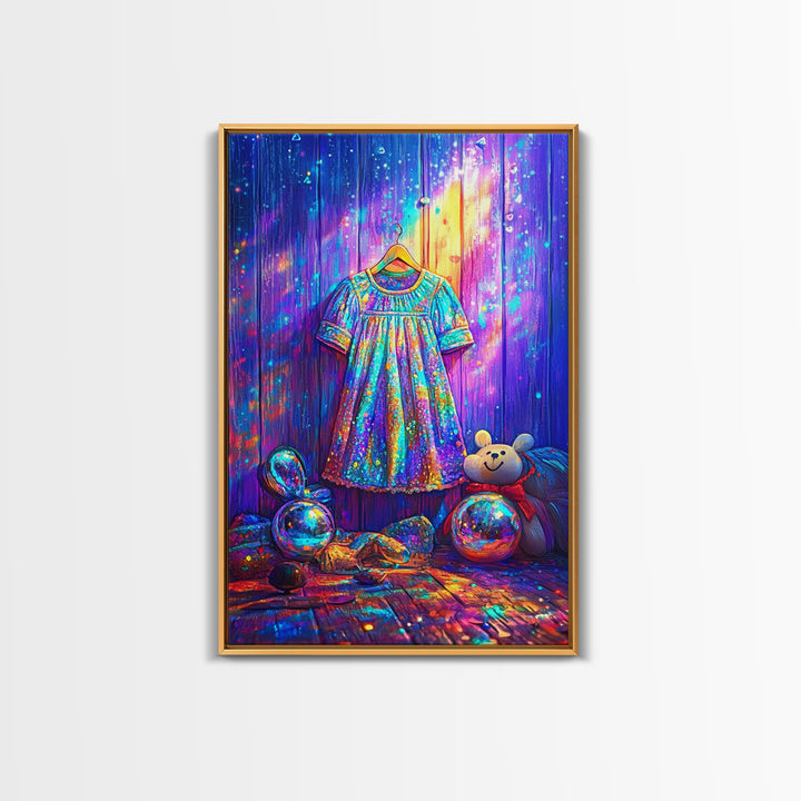 Sparkling Rainbow Toddler Dress With Toy Bear Wall Art, Colorful Nursery Decor, Girls Room Art, Whimsical Kids Room Print
