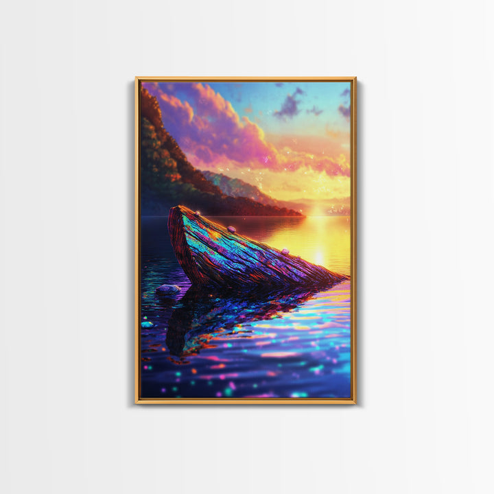 Iridescent Driftwood Boat On Mountain Lake Canvas Print, Sunset Landscape Art, Coastal Wall Decor, Colorful Nature Print