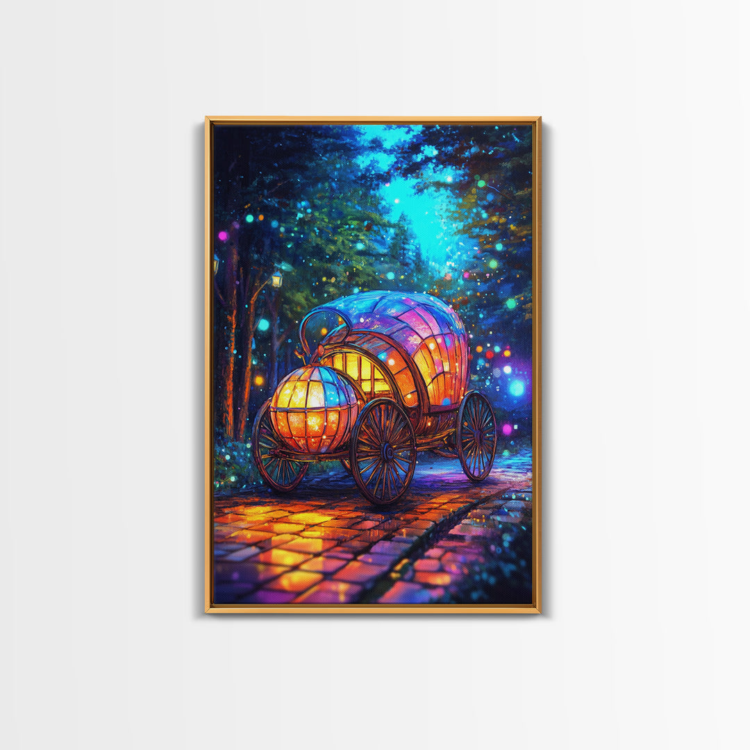 Glowing Pumpkin Carriage In Forest Canvas Print, Fairytale Wall Decor, Whimsical Nursery Art, Fantasy Room Decor Gift For Girls Room