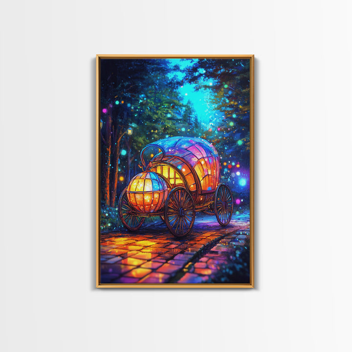 Glowing Pumpkin Carriage In Forest Canvas Print, Fairytale Wall Decor, Whimsical Nursery Art, Fantasy Room Decor Gift For Girls Room