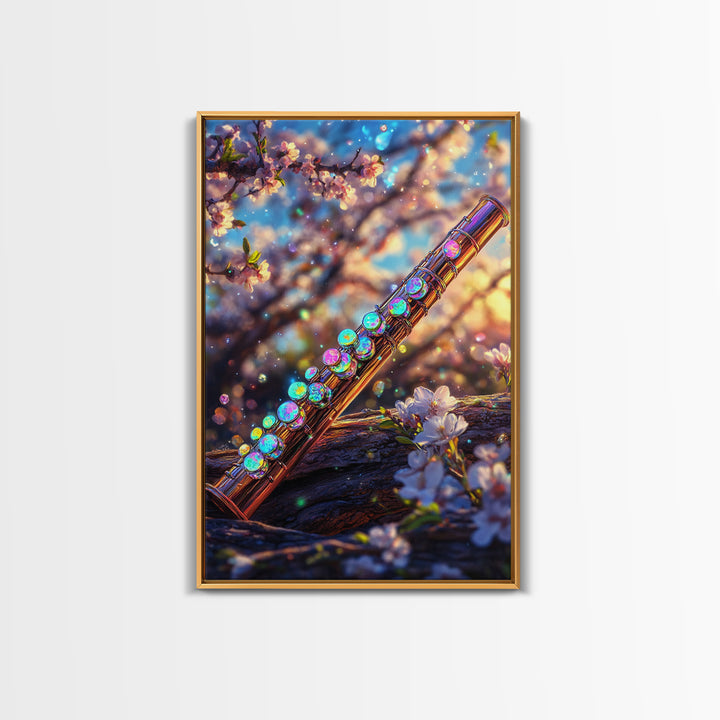 Jeweled Flute With Cherry Blossoms Canvas Print, Music Wall Art, Japanese Floral Spring Decor, Elegant Music Room Wall Decor