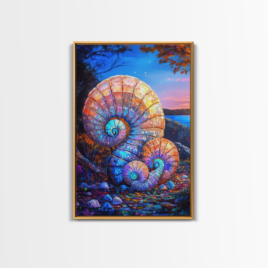 Glowing Nautilus Shells By Twilight Lake Framed Canvas Print, Coastal Wall Art, Seashell Decor, Beach House Gift, Ocean Wall Decor