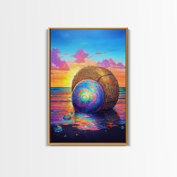 Rainbow Shell And Hay Bale On Beach Canvas Print, Coastal Wall Art, Ocean Sunset Seascape Decor, Beach House Home Decor Gift