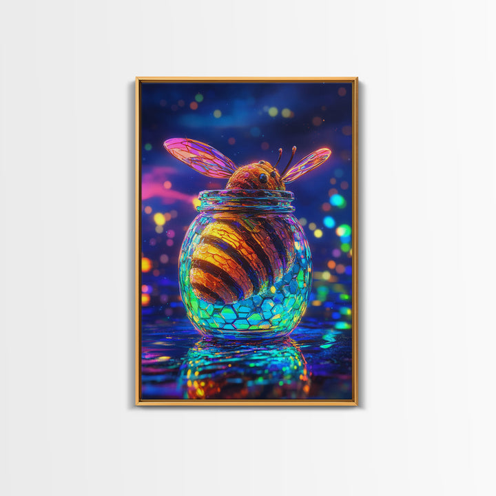 Glowing Honey Bee In Glass Jar Framed Canvas Print, Whimsical Animal Wall Art, Nature Home Decor, Bee Lover Gift For Her
