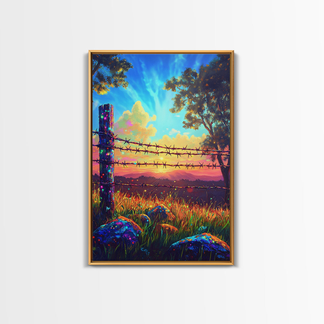 Barbed Wire Fence At Sunset Meadow Canvas Print, Rustic Western Wall Art, Farmhouse Decor, Country Landscape Housewarming Gift