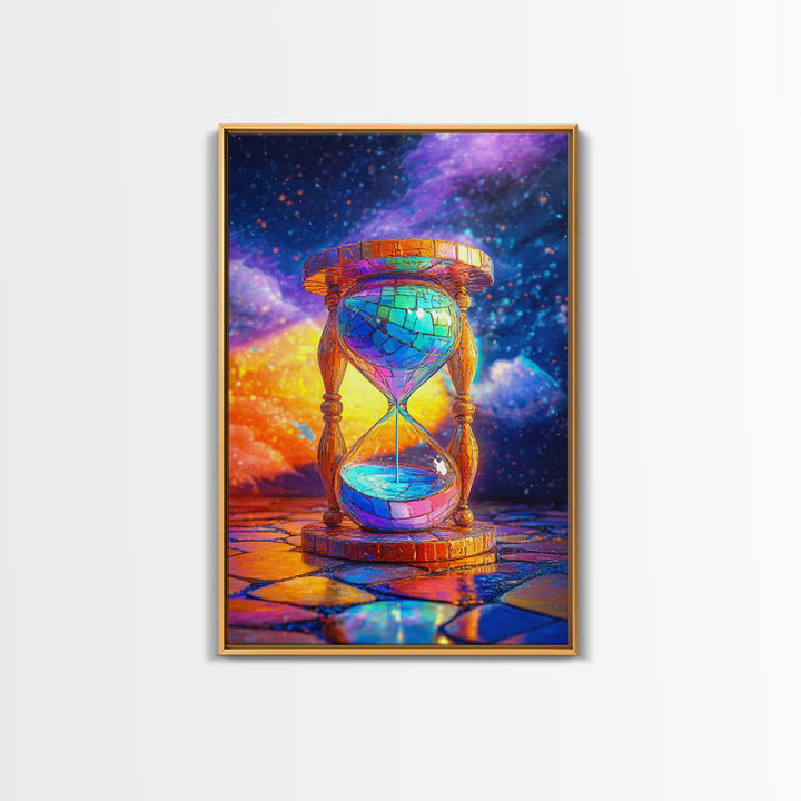 Cosmic Stained Glass Hourglass Canvas Print, Surreal Celestial Wall Art For Office Decor, Modern Home Decor Living Room Gift