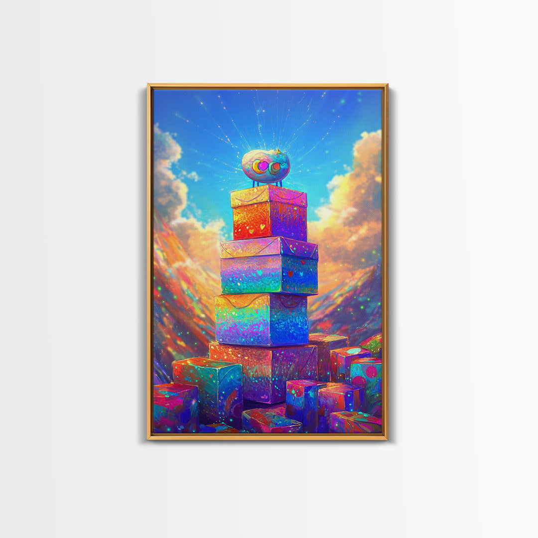 Sparkling Rainbow Gift Boxes In Mountain Sky Canvas Print, Whimsical Wall Art For Kids Room Nursery Decor And Birthday Gift