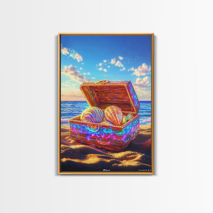 Glittering Seashell Treasure Chest Canvas Print, Coastal Beach House Decor, Ocean Wall Art, Nautical Gift For Her Home Decor