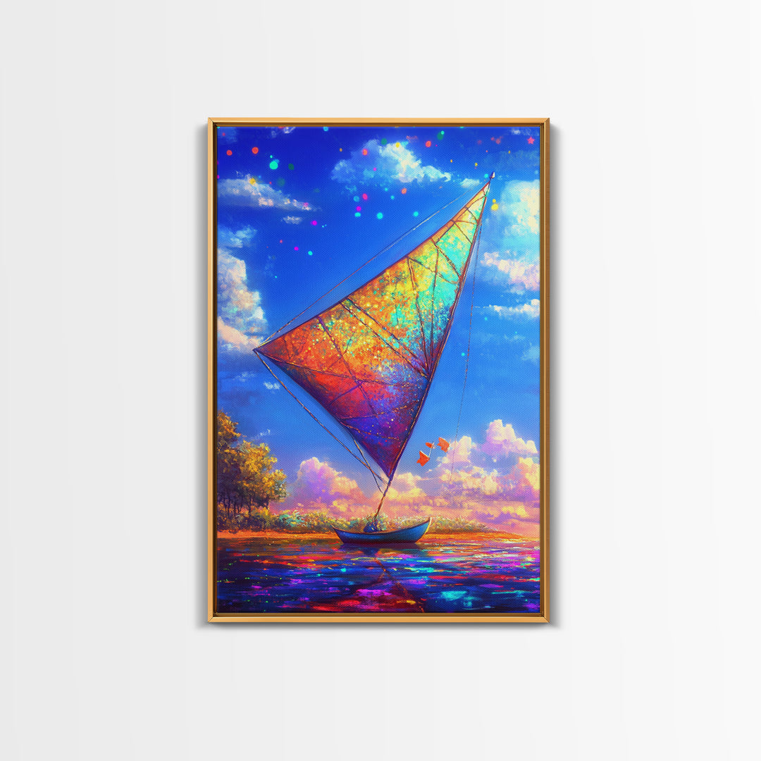 Rainbow Sailboat On Sparkling Water Wall Art, Coastal Canvas Print, Nautical Decor, Ocean Art, Beach House Gift, Home Decor