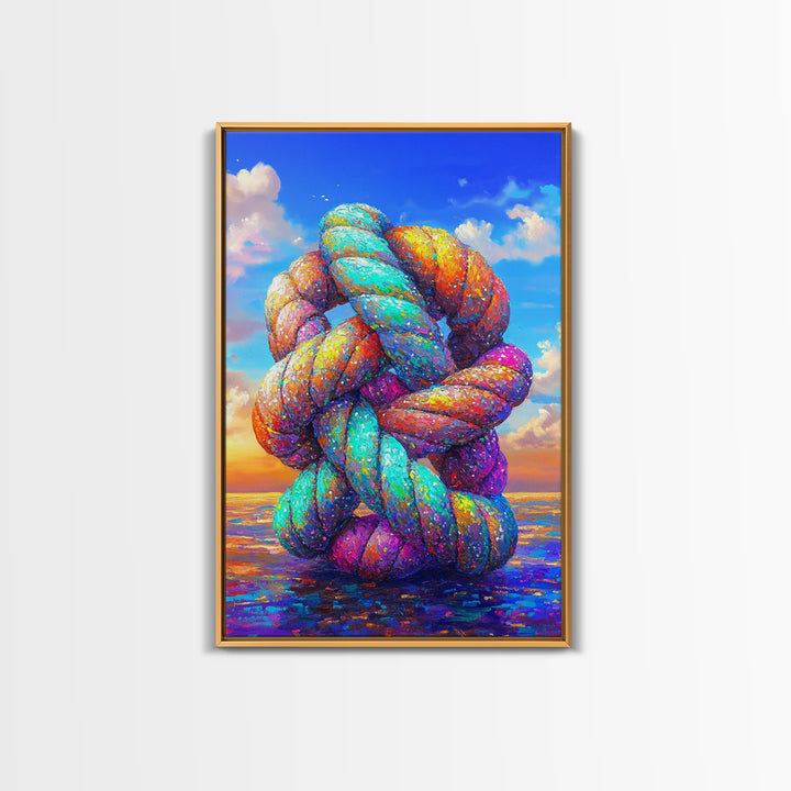 Rainbow Twisted Knot Sculpture In Ocean Framed Canvas Print, Colorful Abstract Art, Modern Wall Art, Statement Home Decor