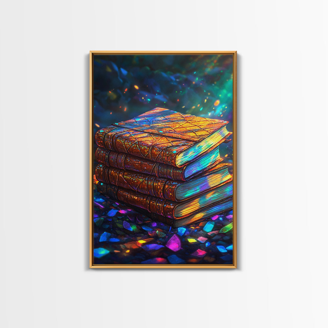 Glowing Antique Books Stack Canvas Print, Bookish Wall Art, Cozy Library Decor, Dark Academia Gift For Book Lover, Home Decor