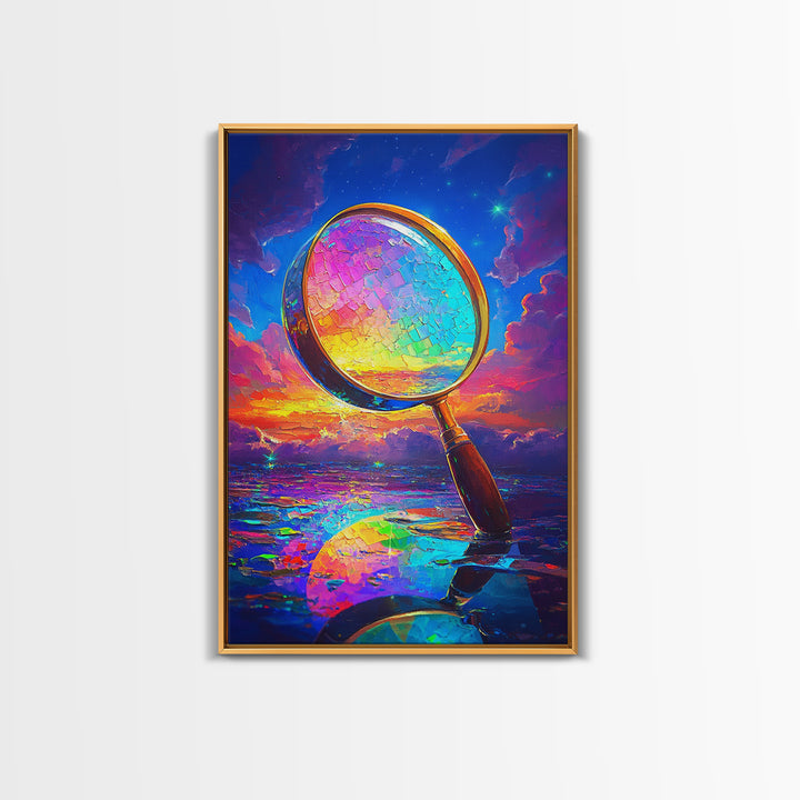Rainbow Magnifying Glass At Sunset Canvas Print, Surreal Ocean Wall Art, Coastal Seascape Decor, Unique Office Art Gift For Him
