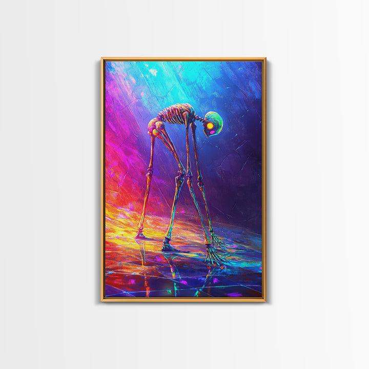 Neon Rainbow Skeleton Walker Framed Canvas Print, Surreal Dark Art, Gothic Wall Decor, Dystopian Sci Fi Artwork Gift For Him