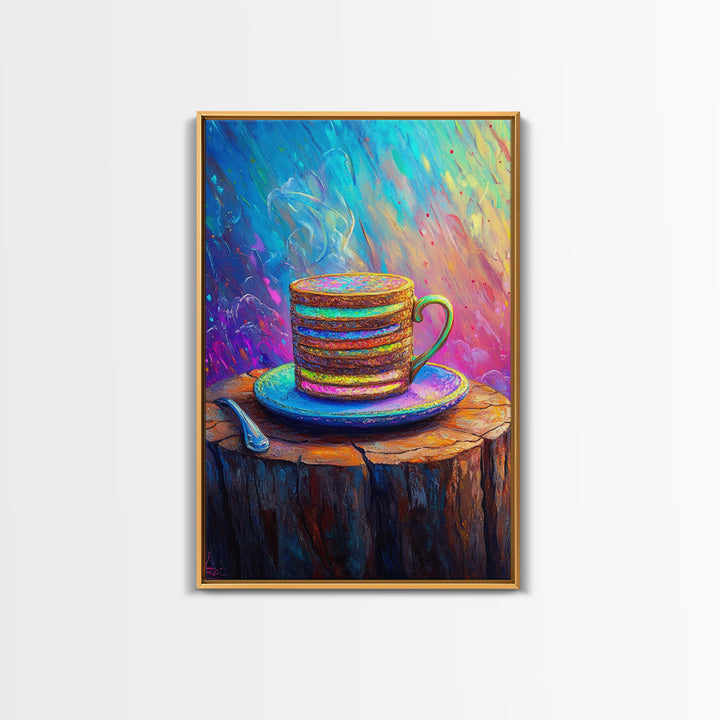 Steaming Rainbow Coffee Cup On Rustic Stump Canvas Print, Cozy Kitchen Wall Art, Coffee Bar Decor, Gift For Coffee Lover