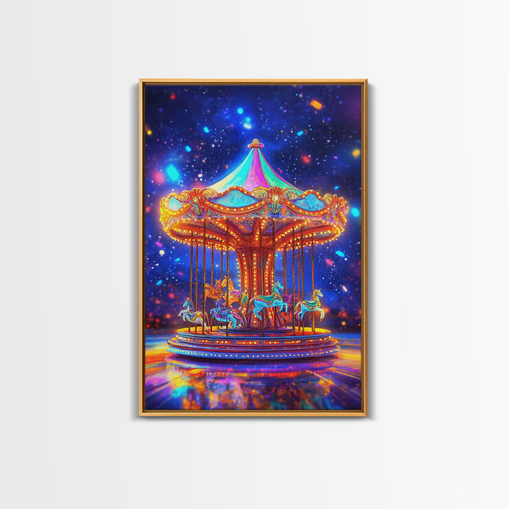 Glowing Carousel Horses Under Starry Sky Canvas Print, Whimsical Wall Art, Nursery Decor, Fantasy Art, Kids Room Decor Gift